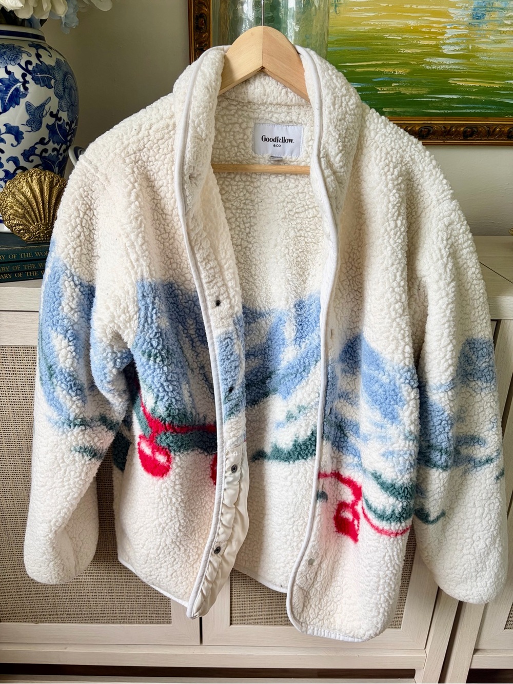 Goodfellow & Co Cream Sherpa Zip-Up Jacket with Blue, Green & Red Scenic Print - Picture 3 of 7